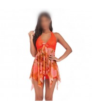 Floral Printing Dress High Fashion Women Swimwear - Orange