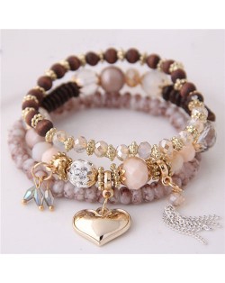 Golden Peach Heart Pendant Sweet Triple Layers High Fashion Bracelet - Khaki