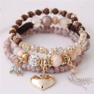 Golden Peach Heart Pendant Sweet Triple Layers High Fashion Bracelet - Khaki