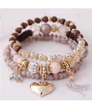 Golden Peach Heart Pendant Sweet Triple Layers High Fashion Bracelet - Khaki