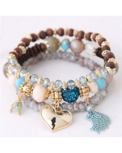 Golden Peach Heart Pendant Sweet Triple Layers High Fashion Bracelet - Sky Blue