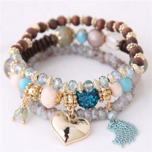 Golden Peach Heart Pendant Sweet Triple Layers High Fashion Bracelet - Sky Blue