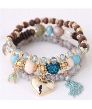 Golden Peach Heart Pendant Sweet Triple Layers High Fashion Bracelet - Sky Blue