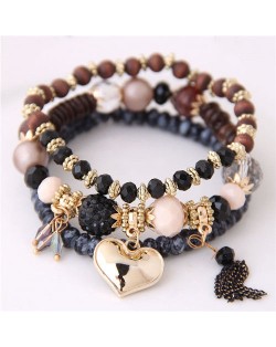 Golden Peach Heart Pendant Sweet Triple Layers High Fashion Bracelet - Black