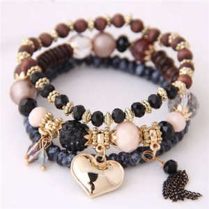 Golden Peach Heart Pendant Sweet Triple Layers High Fashion Bracelet - Black