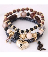 Golden Peach Heart Pendant Sweet Triple Layers High Fashion Bracelet - Black