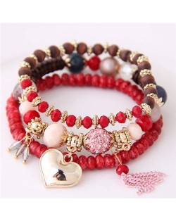 Golden Peach Heart Pendant Sweet Triple Layers High Fashion Bracelet - Red