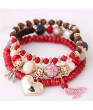 Golden Peach Heart Pendant Sweet Triple Layers High Fashion Bracelet - Red