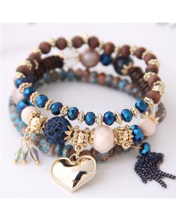 Golden Peach Heart Pendant Sweet Triple Layers High Fashion Bracelet - Blue