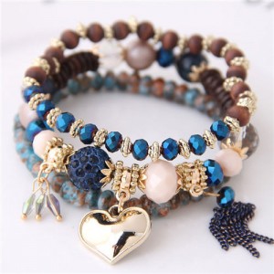 Golden Peach Heart Pendant Sweet Triple Layers High Fashion Bracelet - Blue