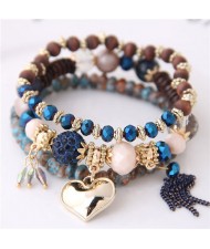 Golden Peach Heart Pendant Sweet Triple Layers High Fashion Bracelet - Blue