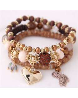 Golden Peach Heart Pendant Sweet Triple Layers High Fashion Bracelet - Brown