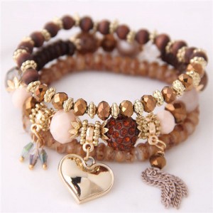 Golden Peach Heart Pendant Sweet Triple Layers High Fashion Bracelet - Brown