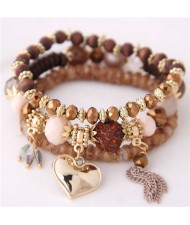 Golden Peach Heart Pendant Sweet Triple Layers High Fashion Bracelet - Brown