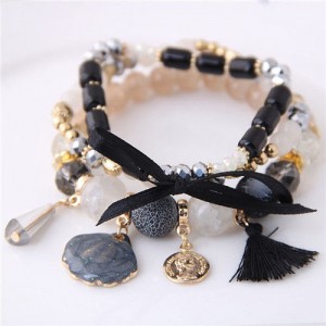Tassel and Seashell Assorted Pendants High Fashion Bracelet - Black