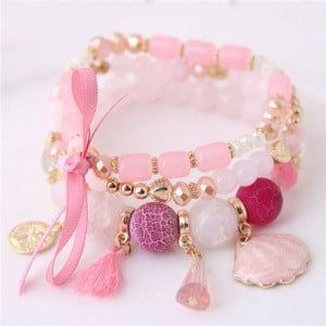 Tassel and Seashell Assorted Pendants High Fashion Bracelet - Pink