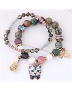 Porcelain Cat Head Pendant Dual Layers High Fashion Bracelet - Gray