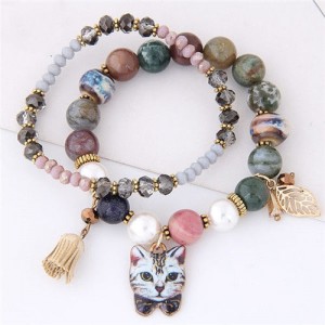 Porcelain Cat Head Pendant Dual Layers High Fashion Bracelet - Gray