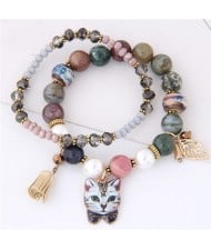 Porcelain Cat Head Pendant Dual Layers High Fashion Bracelet - Gray