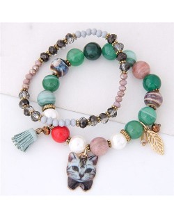 Porcelain Cat Head Pendant Dual Layers High Fashion Bracelet - Green