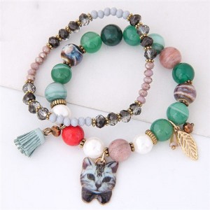 Porcelain Cat Head Pendant Dual Layers High Fashion Bracelet - Green