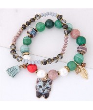 Porcelain Cat Head Pendant Dual Layers High Fashion Bracelet - Green