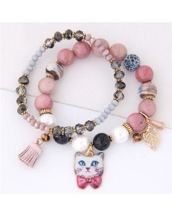 Porcelain Cat Head Pendant Dual Layers High Fashion Bracelet - Pink