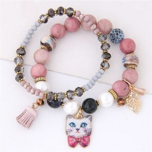 Porcelain Cat Head Pendant Dual Layers High Fashion Bracelet - Pink