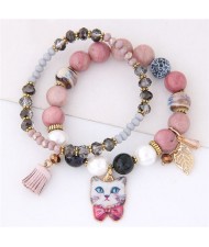 Porcelain Cat Head Pendant Dual Layers High Fashion Bracelet - Pink