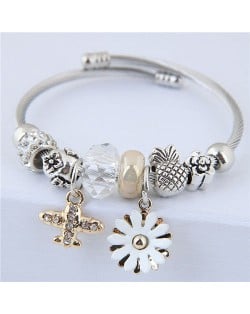 Daisy and Plane Pendants Beads Fashion Bracelet - White