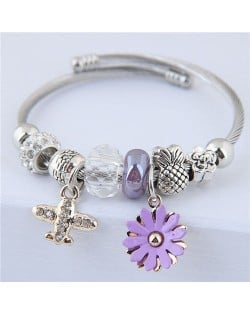 Daisy and Plane Pendants Beads Fashion Bracelet - Purple