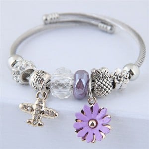 Daisy and Plane Pendants Beads Fashion Bracelet - Purple