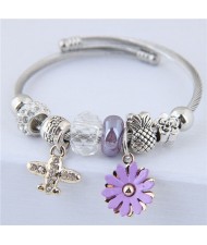 Daisy and Plane Pendants Beads Fashion Bracelet - Purple