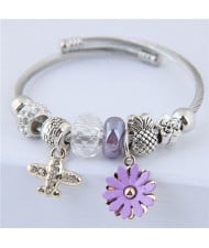 Daisy and Plane Pendants Beads Fashion Bracelet - Purple