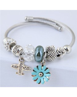 Daisy and Plane Pendants Beads Fashion Bracelet - Blue