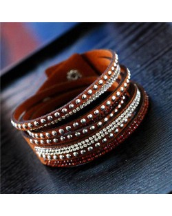 Rhinestone and Studs Multi-layer Leather Fashion Bracelet - Brown
