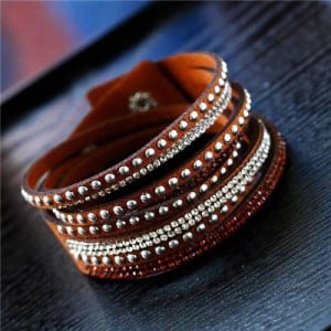 Rhinestone and Studs Multi-layer Leather Fashion Bracelet - Brown