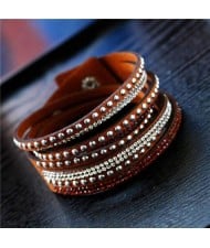 Rhinestone and Studs Multi-layer Leather Fashion Bracelet - Brown