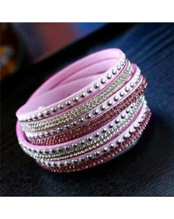 Rhinestone and Studs Multi-layer Leather Fashion Bracelet - Pink