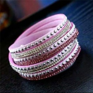 Rhinestone and Studs Multi-layer Leather Fashion Bracelet - Pink
