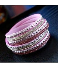 Rhinestone and Studs Multi-layer Leather Fashion Bracelet - Pink