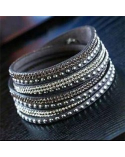 Rhinestone and Studs Multi-layer Leather Fashion Bracelet - Gray