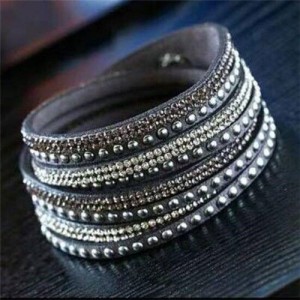 Rhinestone and Studs Multi-layer Leather Fashion Bracelet - Gray