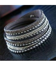 Rhinestone and Studs Multi-layer Leather Fashion Bracelet - Gray