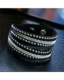 Rhinestone and Studs Multi-layer Leather Fashion Bracelet - Black