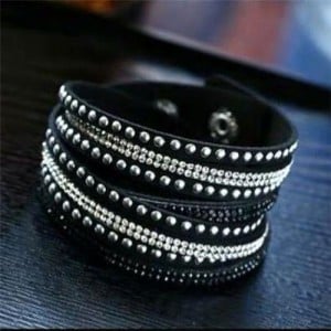 Rhinestone and Studs Multi-layer Leather Fashion Bracelet - Black