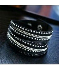 Rhinestone and Studs Multi-layer Leather Fashion Bracelet - Black