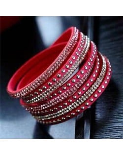 Rhinestone and Studs Multi-layer Leather Fashion Bracelet - Rose