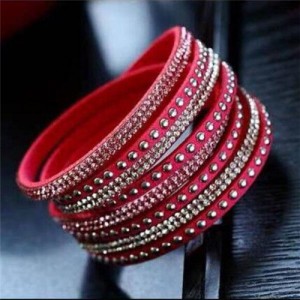 Rhinestone and Studs Multi-layer Leather Fashion Bracelet - Rose