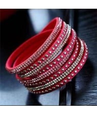 Rhinestone and Studs Multi-layer Leather Fashion Bracelet - Rose